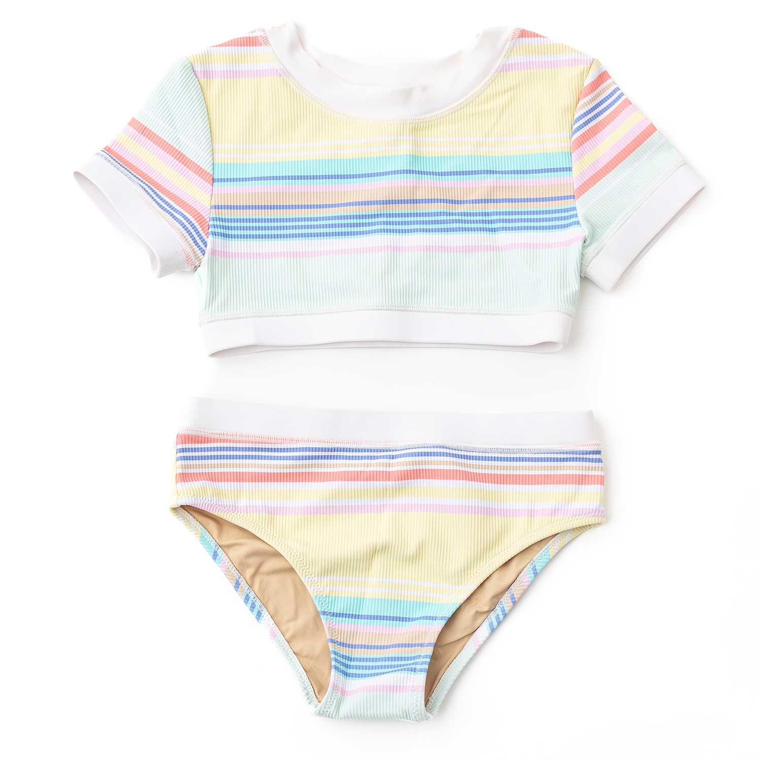 Shade Critters Girls Ribbed Cropped Short Sleeve Two Piece Swimsuit - Surfer Stripes