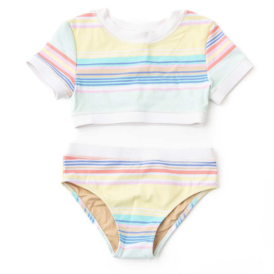 Shade Critters Girls Ribbed Cropped Short Sleeve Two Piece Swimsuit - Surfer Stripes by Shade Critters