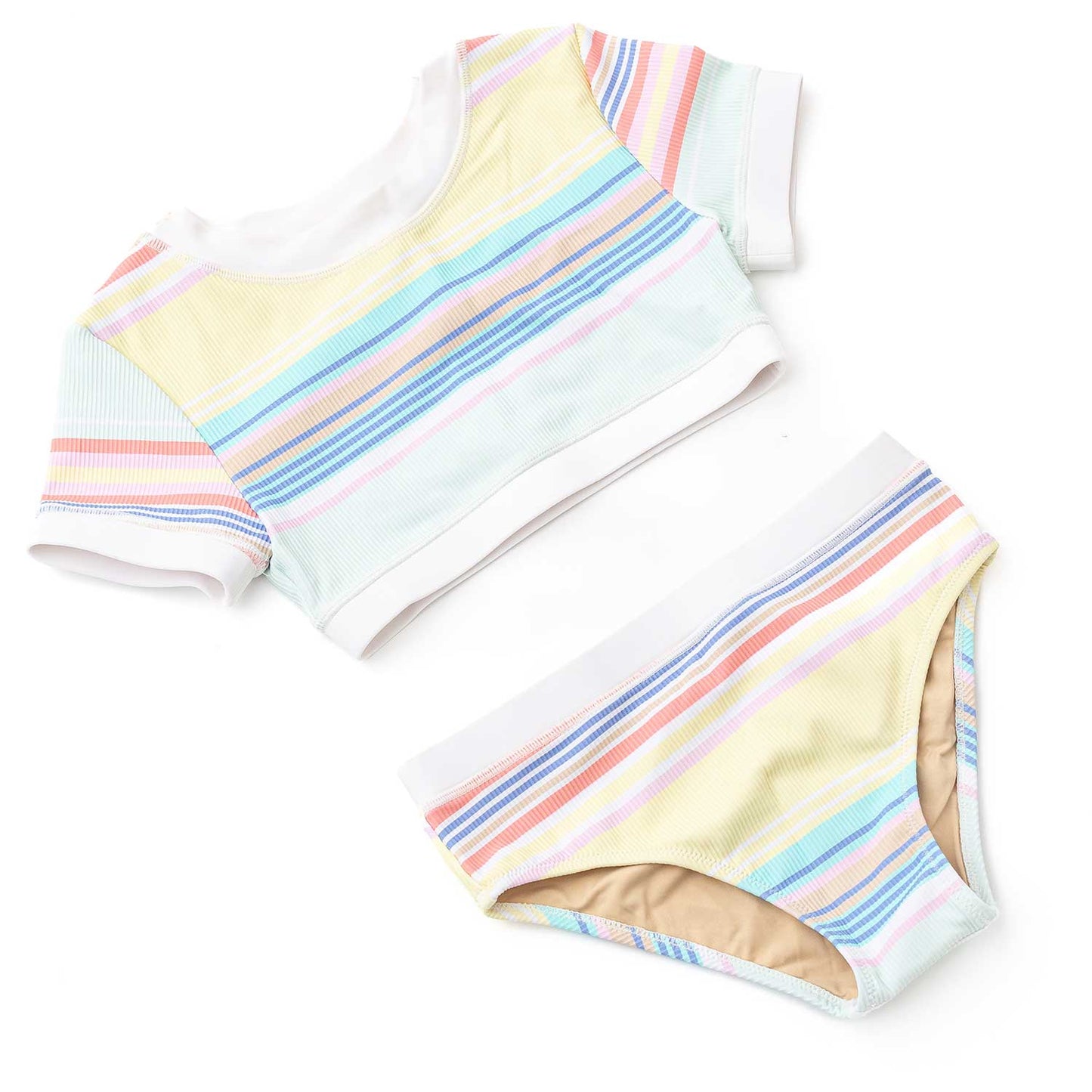 Shade Critters Girls Ribbed Cropped Short Sleeve Two Piece Swimsuit - Surfer Stripes by Shade Critters