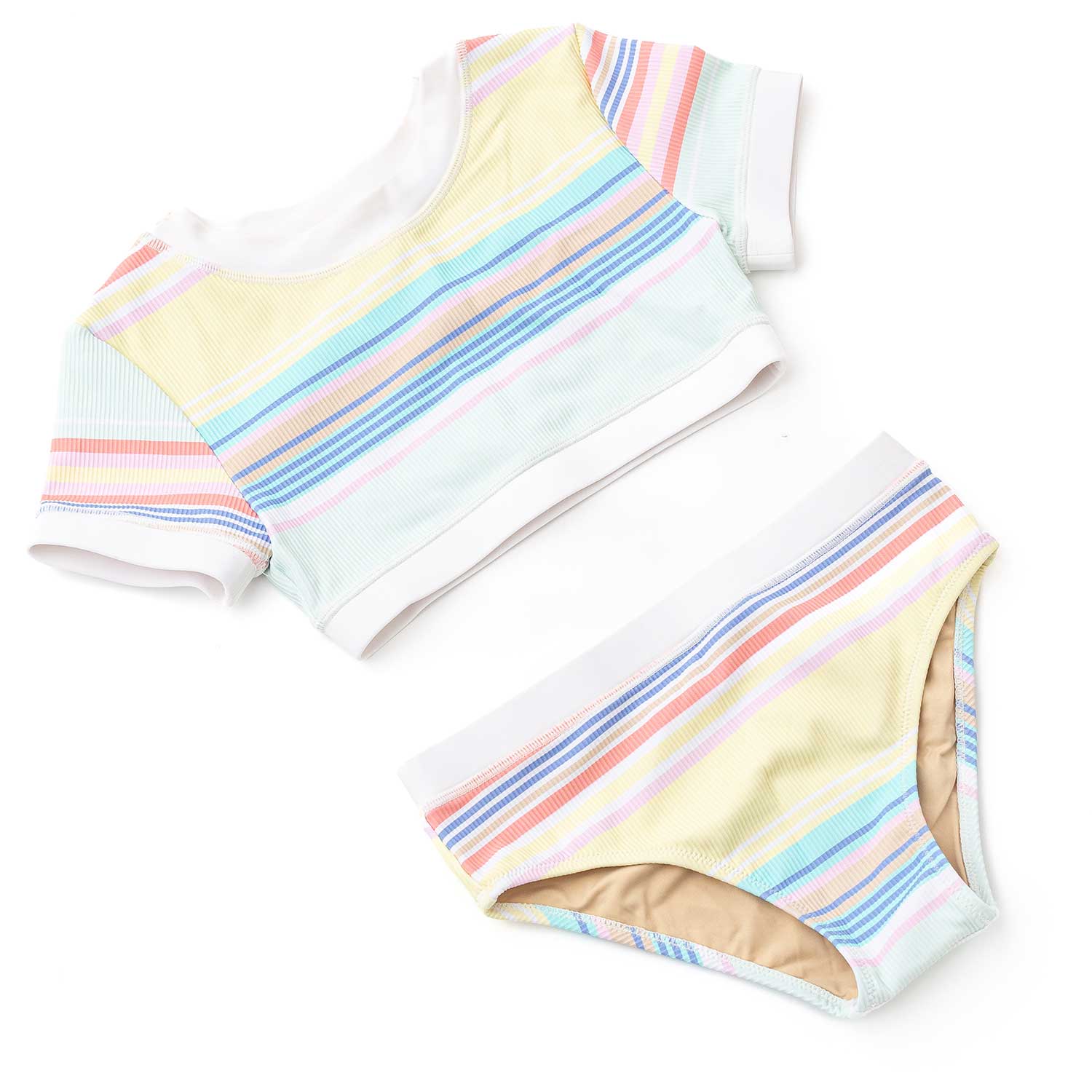 Shade Critters Girls Ribbed Cropped Short Sleeve Two Piece Swimsuit - Surfer Stripes