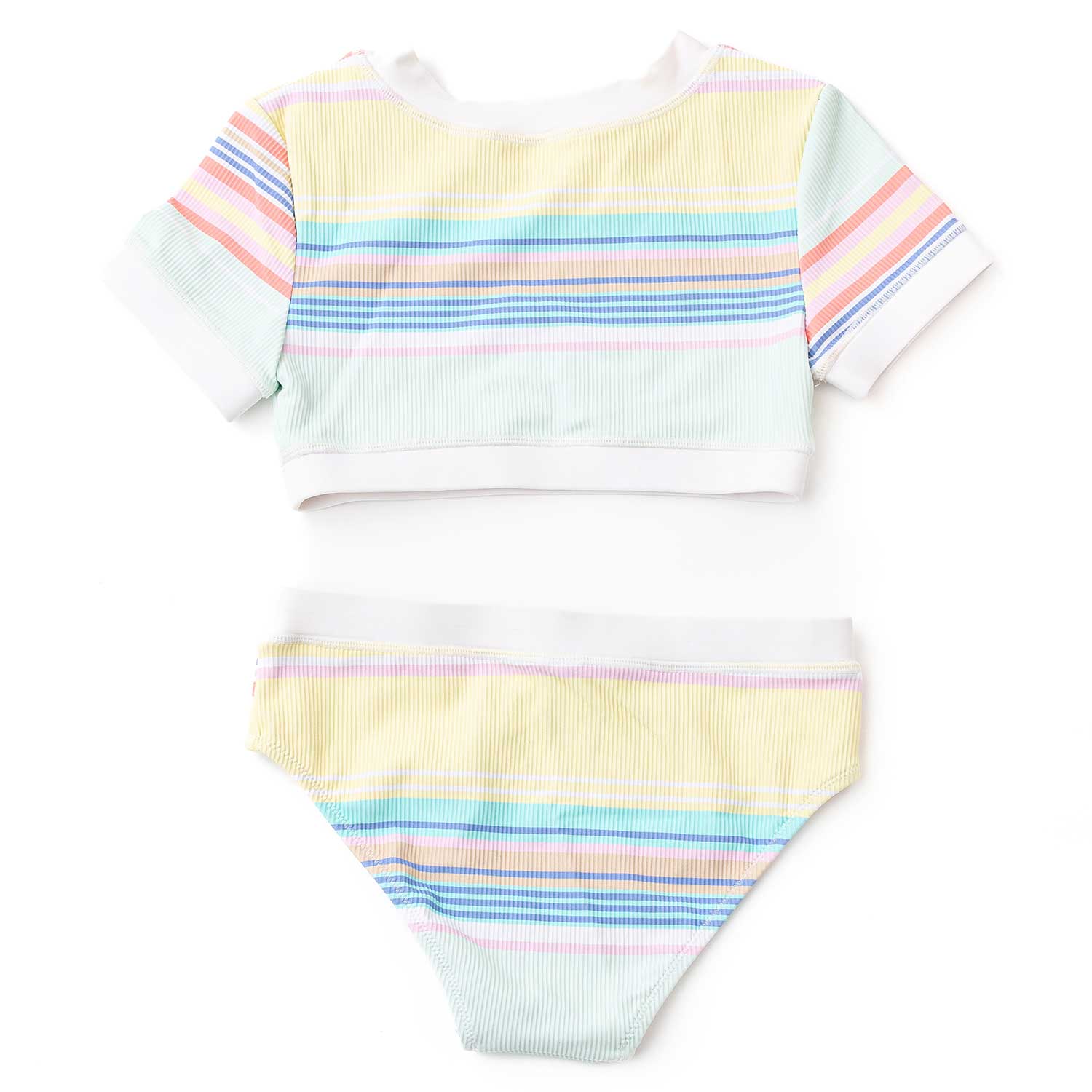 Shade Critters Girls Ribbed Cropped Short Sleeve Two Piece Swimsuit - Surfer Stripes