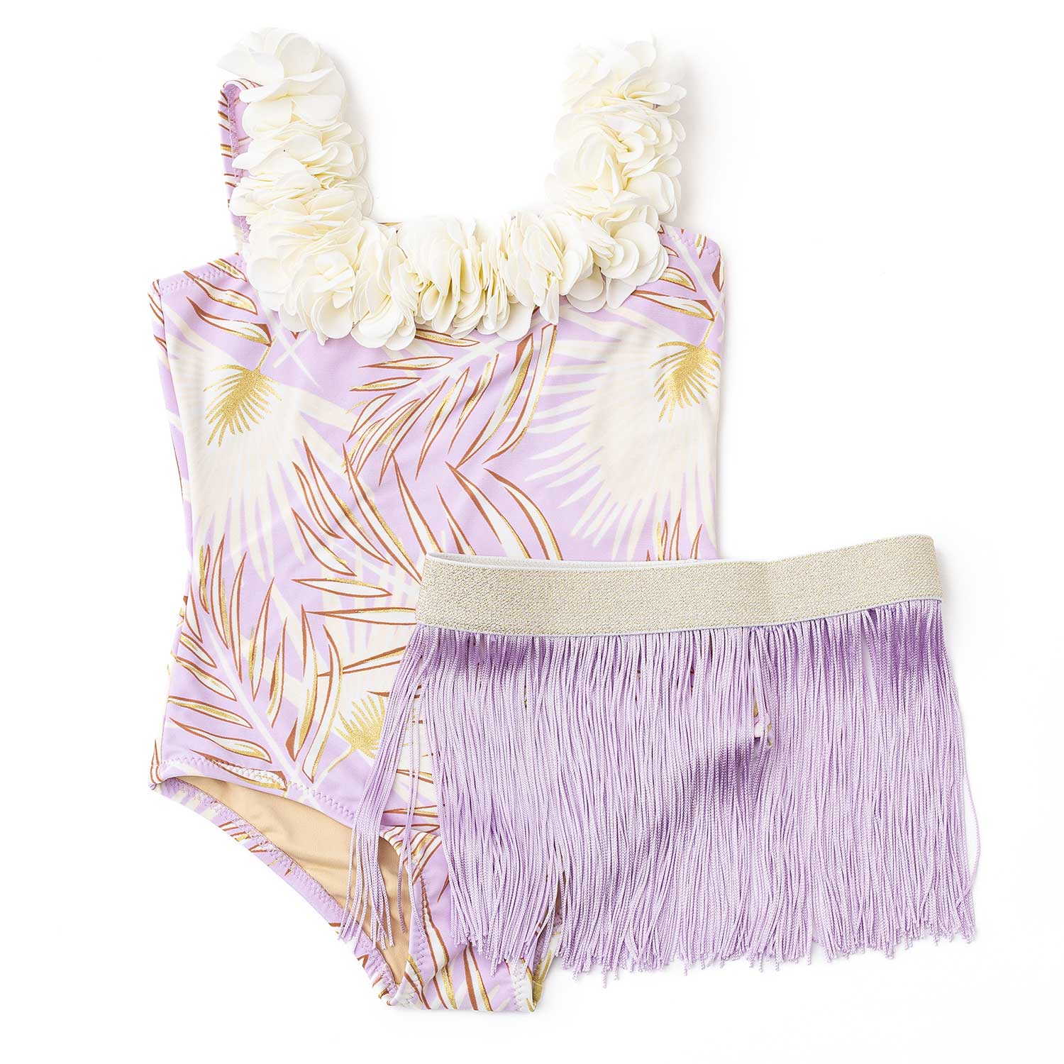 Shade Critters Girls One Piece Bathing Suit & Fringe Skirt - Metallic Hula - Purple