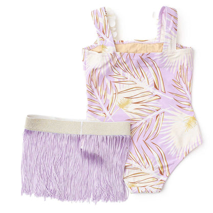 Shade Critters Girls One Piece Bathing Suit & Fringe Skirt - Metallic Hula - Purple by Shade Critters