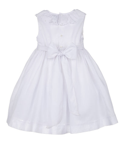 Luli & Me Girls Sleeveless White Fully Smocked Bodice Dress - Ruffle Neck & Sash