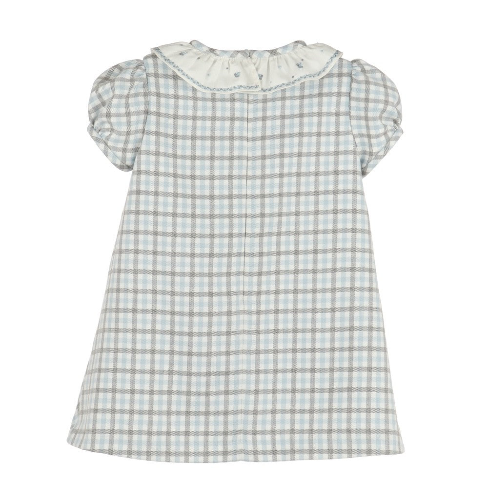 Luli & Me Baby Girls Dress - Blue & Grey Check - Ruffle Collar