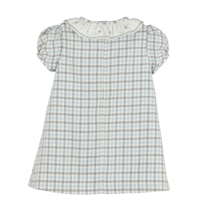 Luli & Me Baby Girls Dress - Blue & Grey Check - Ruffle Collar