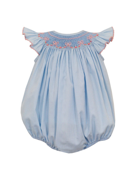 Anavini Baby Girls Tiny Blue Gingham Smocked Bows Bubble
