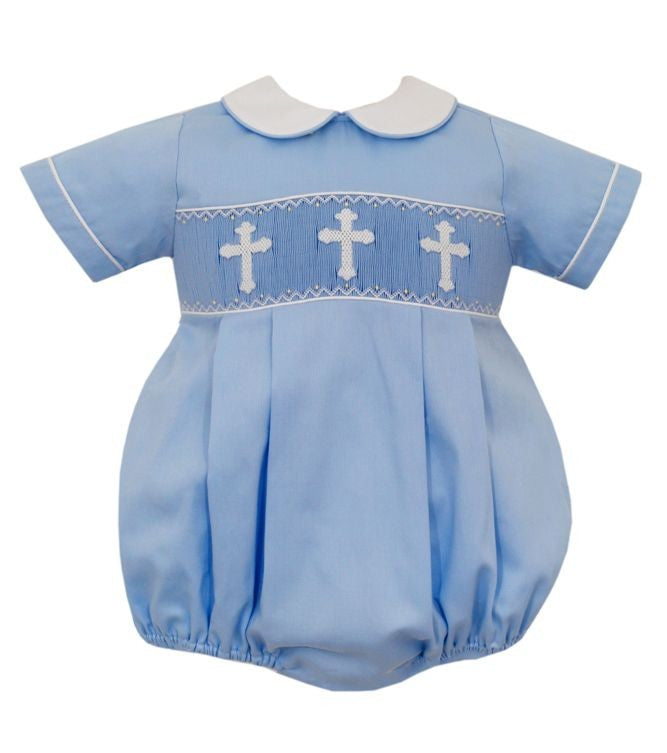 Anavini Baby Boys Light Blue Smocked Crosses Bubble