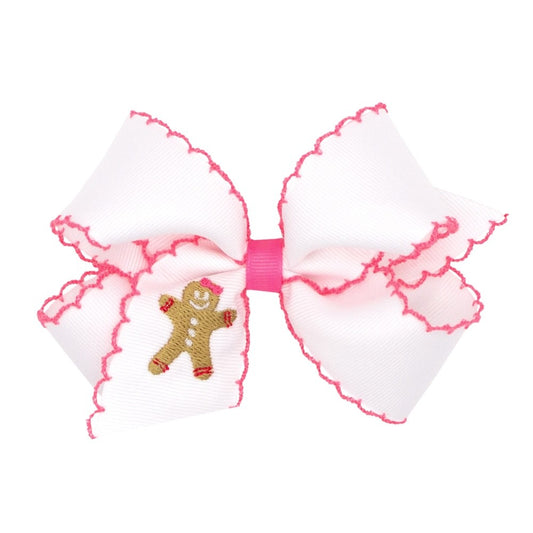 Wee Ones Girls Hair Bow on Clip - White with Pink Moonstitch - Embroidery Gingerbread
