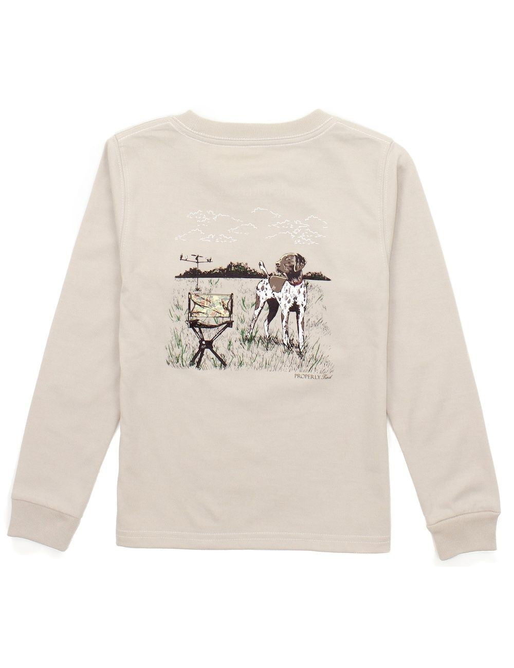 Properly Tied Boys Shirt - Logo Pocket on Front - Back Graphic - Dove Hunt on Linen Tan