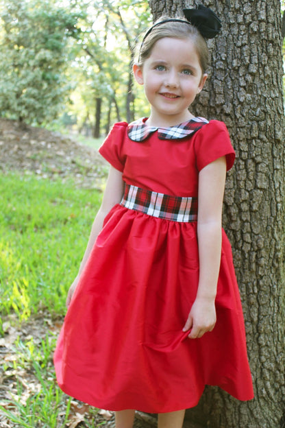 Susanne Lively Girls Red Holiday Party Dress - Red / Black Plaid Collar & Sash