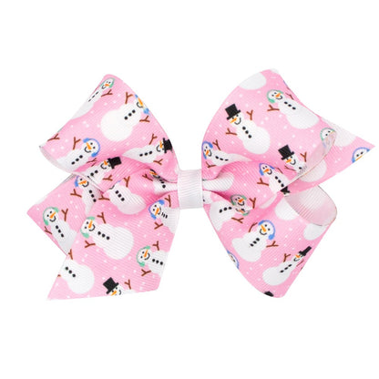 Wee Ones Girls Holiday Hair Bow - Snowman Print on Pink