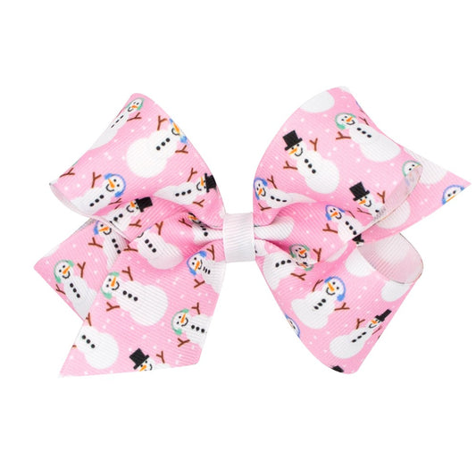 Wee Ones Girls Holiday Hair Bow - Snowman Print on Pink