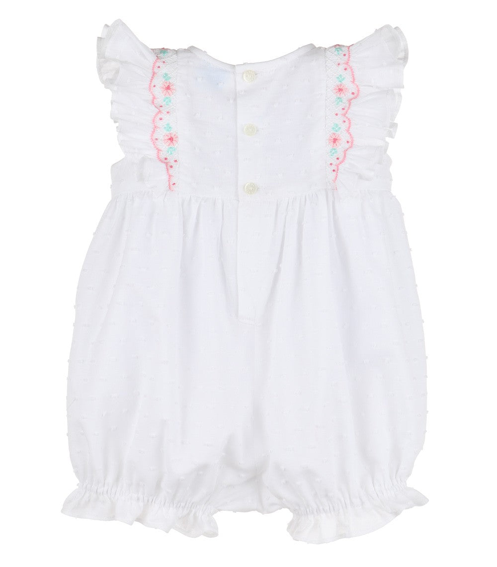 Luli & Me Baby Girls Dotted Swiss Smocked Bubble - White with Pink Trim