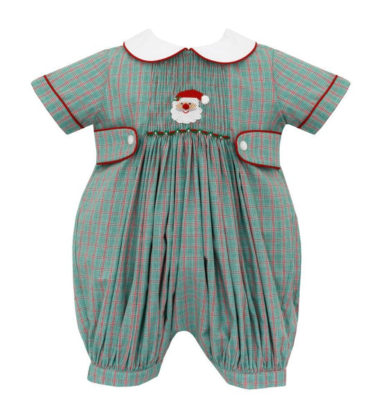 Anavini Baby Boys Green Plaid Christmas Romper - Smocked Santa