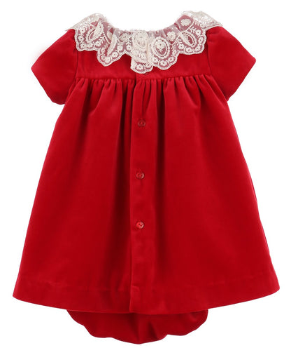 Luli & Me Girls Deluxe Velvet Float Dress - Lace Collar - Red