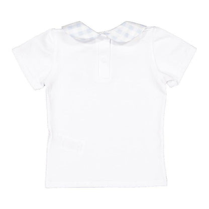 Sal & Pimenta Toddler Boys White Polo Shirt - Blue Gingham Peter Pan Collar