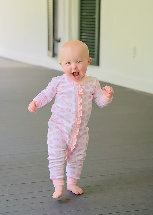 James & Lottie Girls One Piece Zip Up Jammies - Pumpkins - Pink