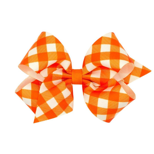 Wee Ones Girls Harvest Theme Printed Grosgrain Bow - Orange Gingham