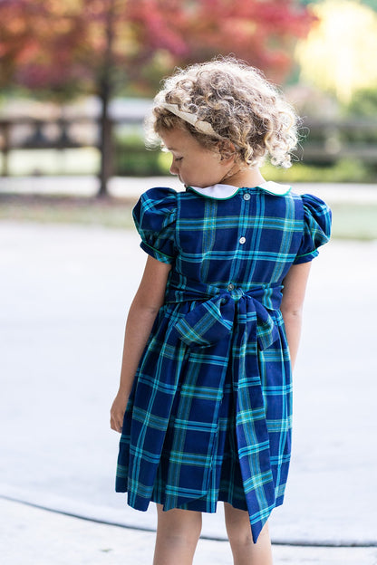 Marco & Lizzy Girls Blue / Green Blackwatch Plaid Dress - White Collar