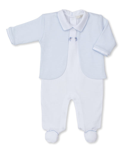 Kissy Kissy Baby Boys Light Blue Stripe Jacket with White Footie - Embroidered Puppy Dogs