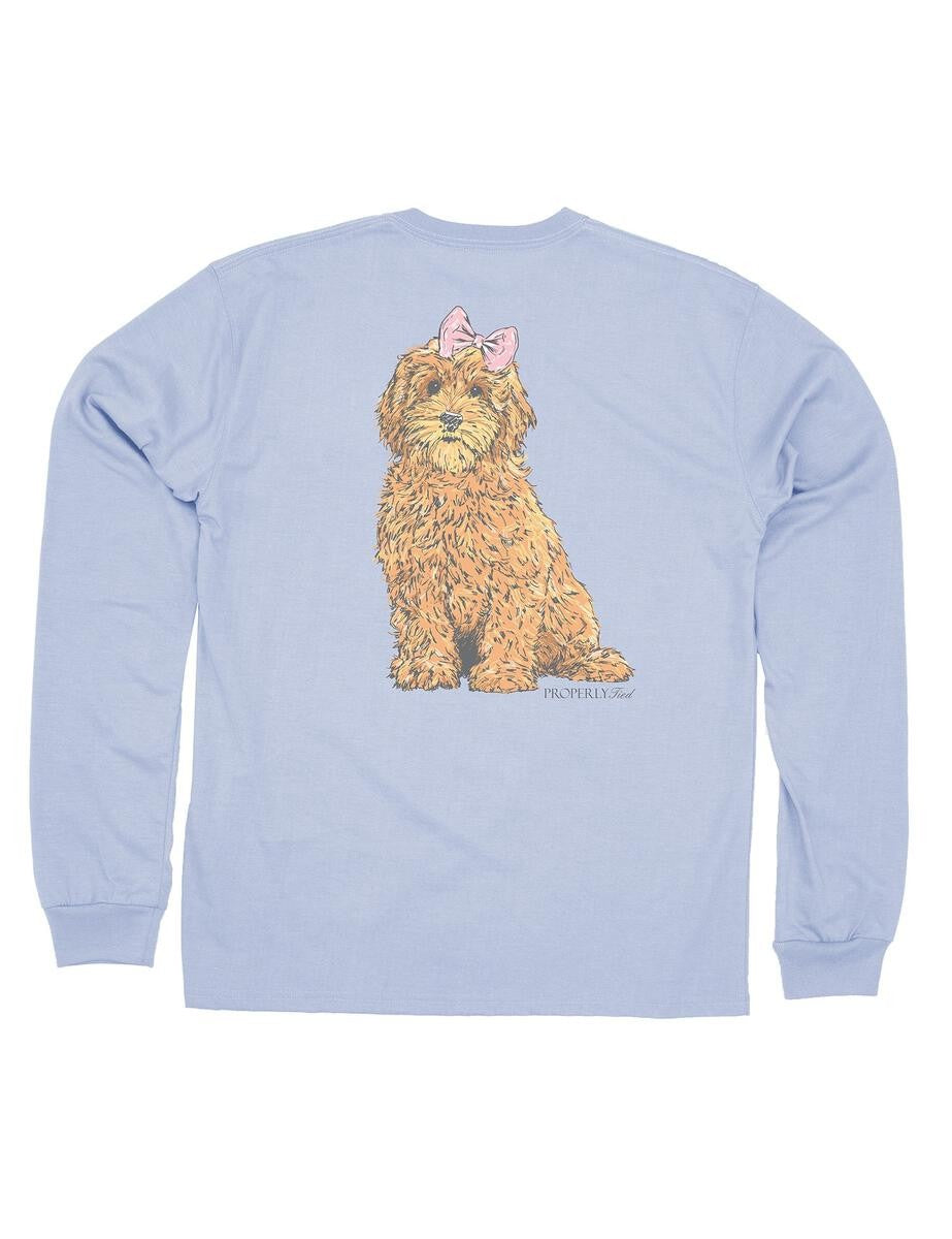 Properly Tied Tee Shirt - Logo Pocket on Front - Back Graphic - Periwinkle Blue Goldendoodle Dog