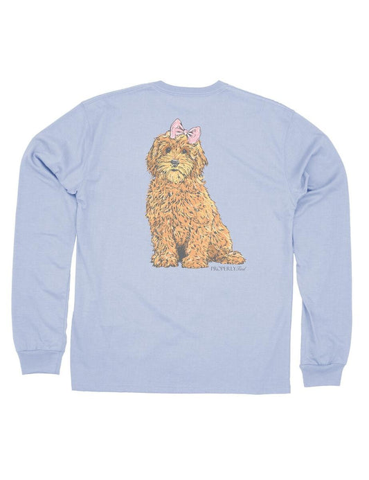 Properly Tied Tee Shirt - Logo Pocket on Front - Back Graphic - Periwinkle Blue Goldendoodle Dog