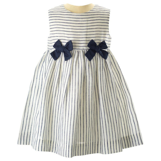 Rachel Riley London Girls Stripe Linen Navy Blue Bow Dress