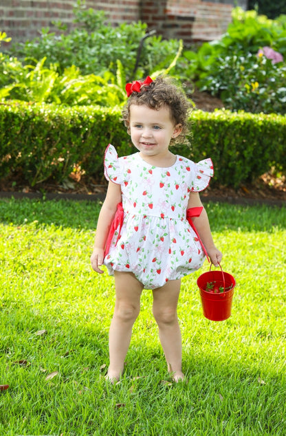 Trotter Street Kids Baby Girls Pink Pick of the Patch Strawberry Woven Bubble - Red Side Bows by Trotter Street Kids