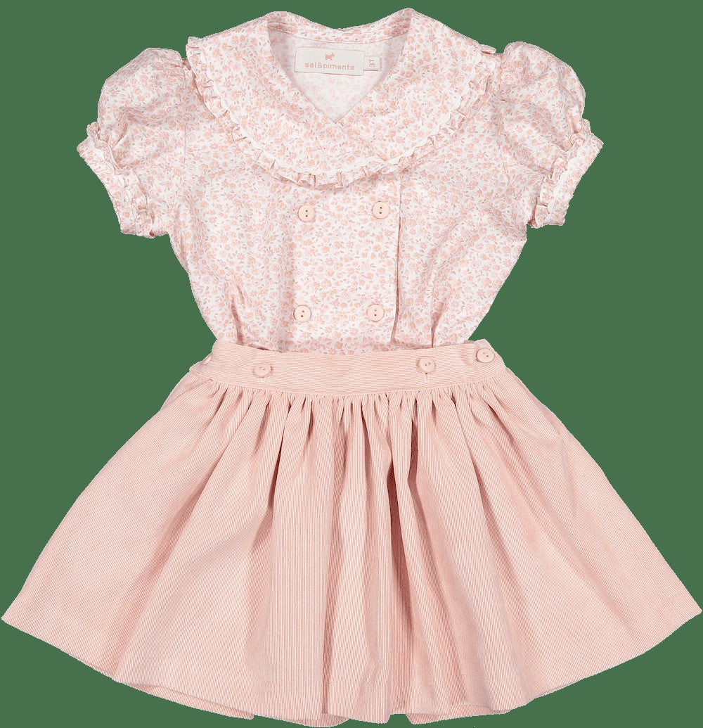 Sal & Pimenta Girls Corduroy Skirt Set - Snowflakes Floral - Pink