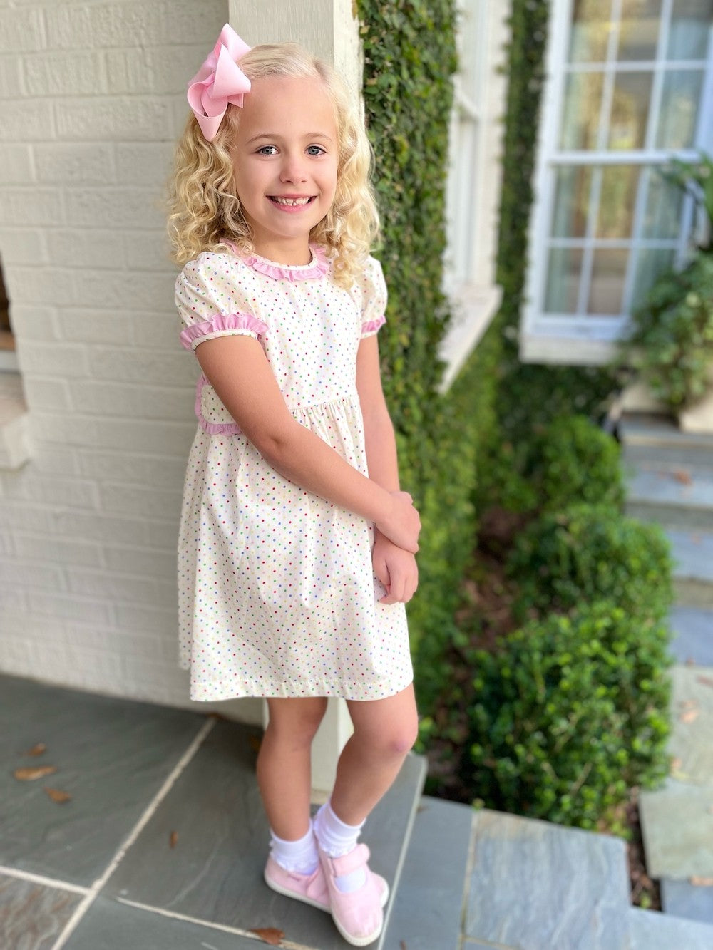 James & Lottie Girls Tabitha Dress - Confetti Dots with Pink Trim