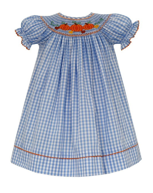 Anavini Girls Light Blue Gingham Bishop Dress - Smocked Orange Pumpkins