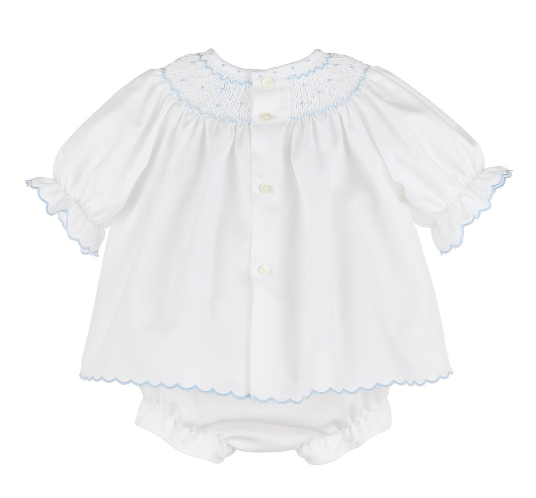 Luli & Me Baby Girls Classic White BIshop Dress - Bloomers & Bonnet - Smocked in Blue 3M Luli & Me Baby Girls Classic White BIshop Dress - Bloomers & Bonnet - Smocked in Blue 3M