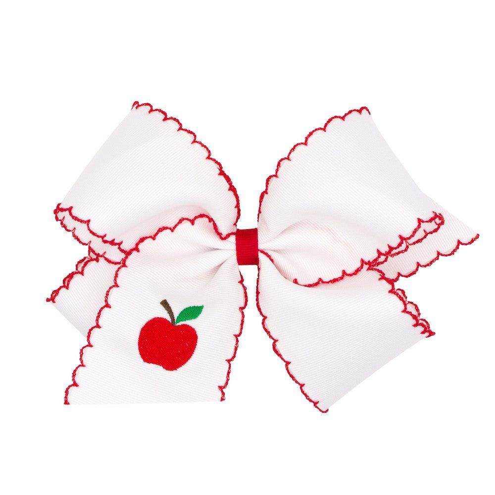 Wee Ones Girls White Hair Bow with Red Moonstitch - Embroidered Red Apple
