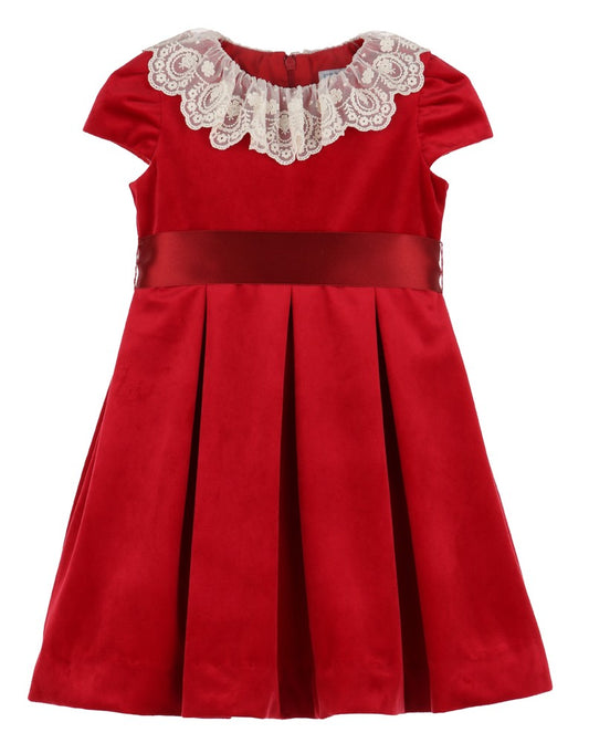 Luli & Me Girls Luxe Velvet Christmas Dress - Lace Collar - Ribbon Sash - Red