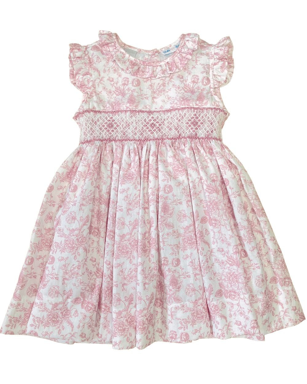 LuLu BeBe Girls Pink Toile Smocked Dress - Flutter Sleeves
