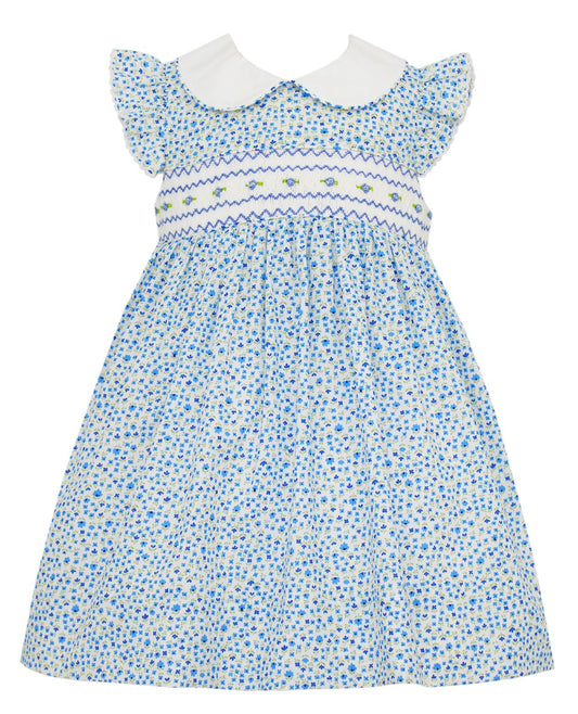 Petit Bebe Baby / Toddler Girls Blue Belle Floral Print Smocked Dress with Collar by Petit Bebe