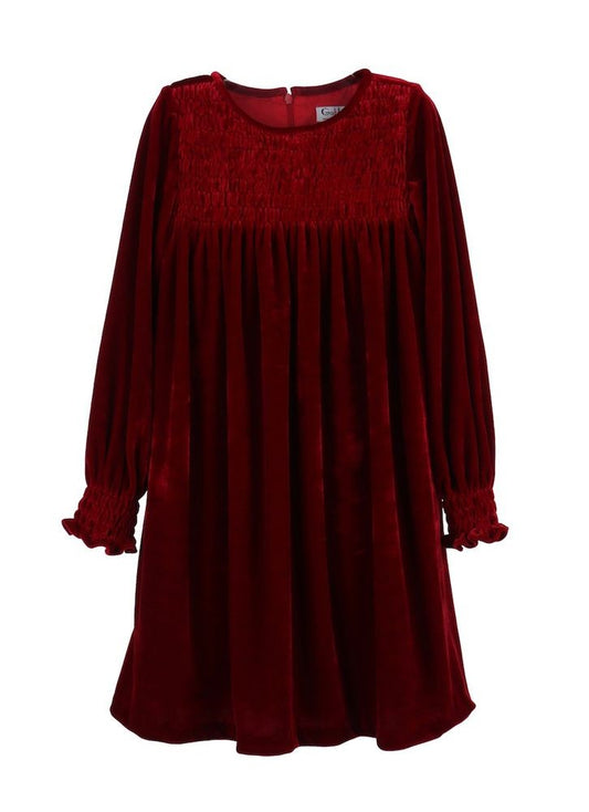 Luli & Me Gabby Girls Smocked Velvet Holiday Dress - Red