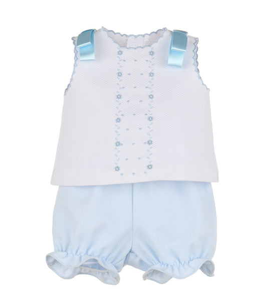 Luli & Me Baby Girls Pique Embroidered Bloomers Set - Bows on Shoulders - Blue