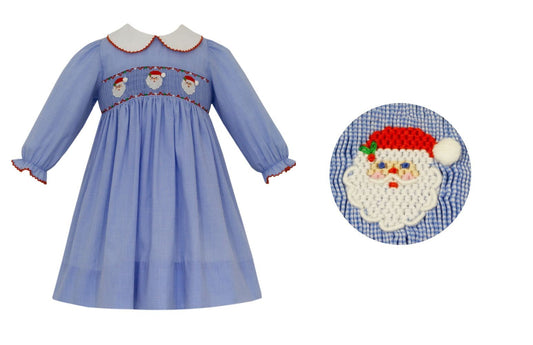 Petit Bebe Girls Blue Check Dress - White Collar - Smocked Santa Faces