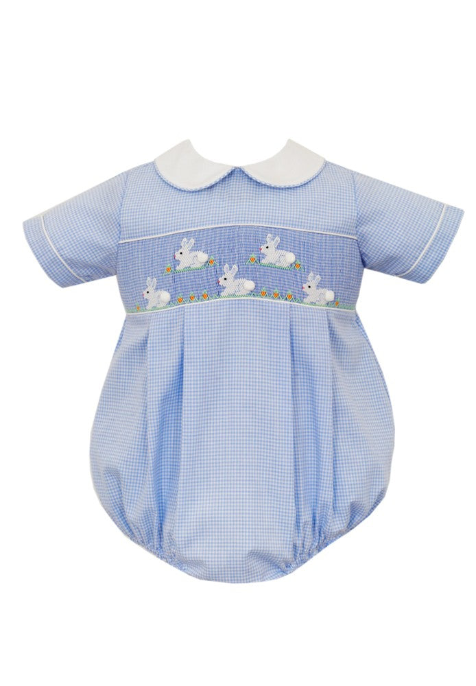 Anavini Baby Boys Blue Gingham Bubble - Smocked White Bunnies - White Collar