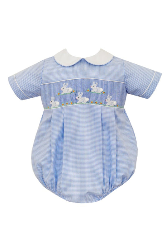 Anavini Baby Boys Blue Gingham Bubble - Smocked White Bunnies - White Collar