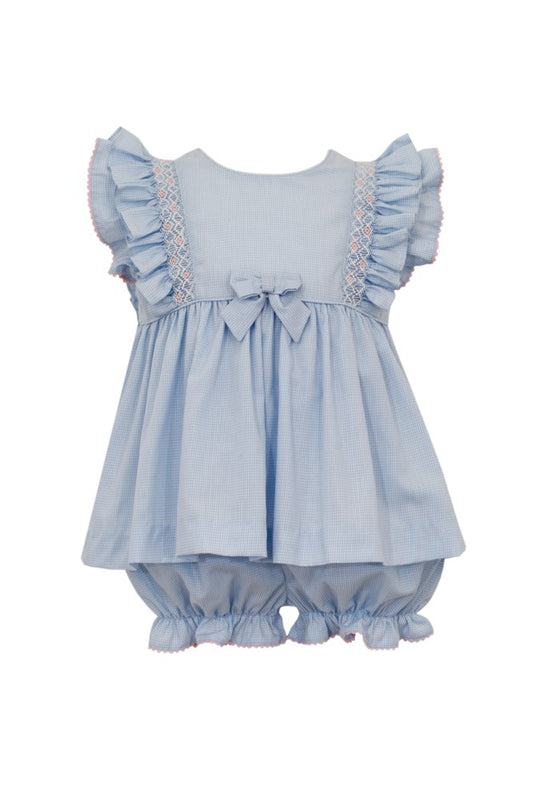 Anavini Girls Light Blue Tiny Gingham Bloomers Set - Smocked Ruffles