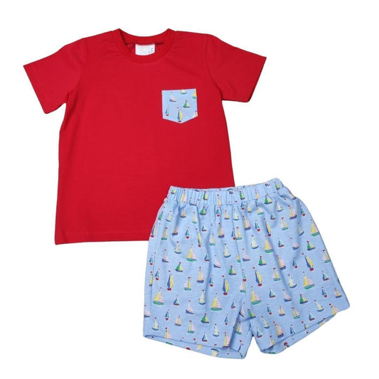 Whimsy Bay Kids Toddler Boys Blue Sailing Away Shorts with Red Pocket Shirt