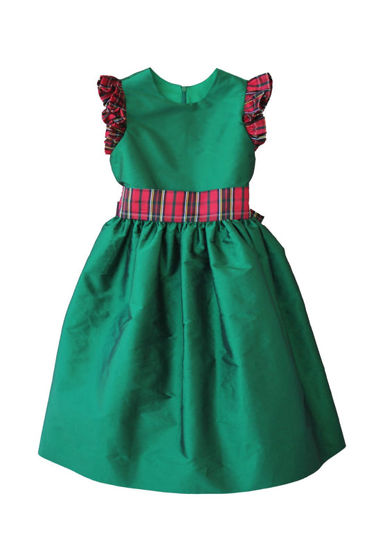 Susanne Lively Girls Emerald Green Christmas Dress - Red Holiday Plaid Sash & Flutter Sleeves
