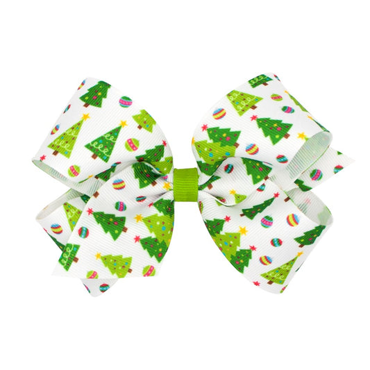 Wee Ones Girls Grosgrain Holiday Print Hair Bow - Green Christmas Trees