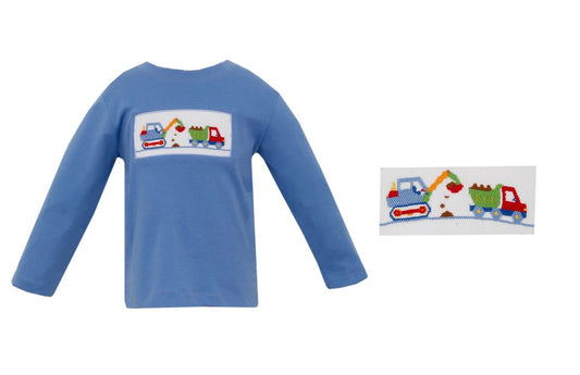 Anavini Boys Blue Shirt - Smocked Construction Trucks