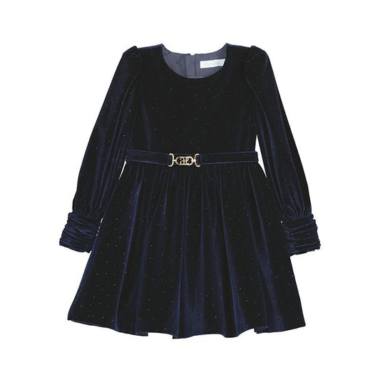 Abel & Lula Girls Belted Velvet Sparkle Holiday Party Dress - Navy Blue