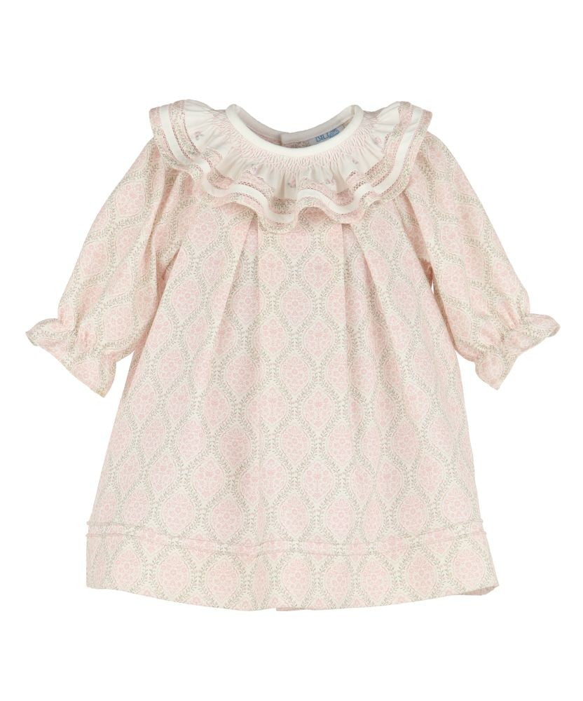 Luli & Me Girls Floral Wreath Smocked Collar Bishop Dress - Pink
