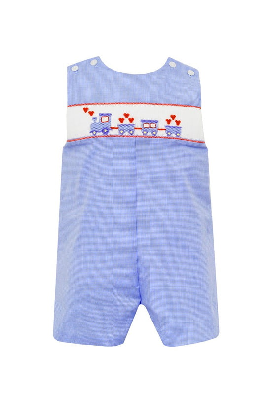 Anavini Boys Blue Gingham Smocked Valentine Hearts Train Jon Jon